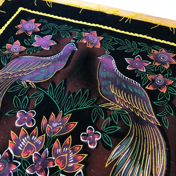 Birds of Paradise Painted Velvet Cushion Cover Fringe Edge Vintage Made in Japan - Picture 1 of 7